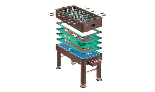 A multi-game table featuring foosball, pool, air hockey, ping pong and more